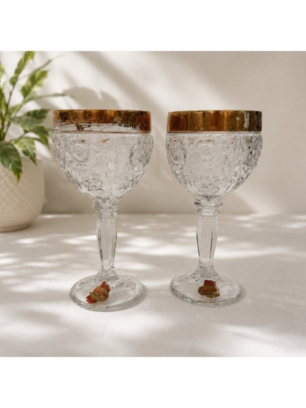 Vintage Anna Hutte Bleikristall Crystal Wine Glasses Rose 24k Gold Painted 2-Pc